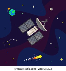 Space station in outer space concept vector illustration in flat style.