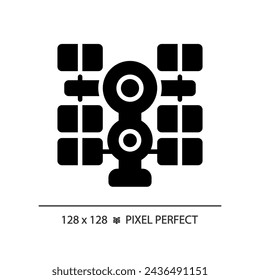 Space station pixel perfect black glyph icon. International cooperation. Scientific research. Orbiting laboratory. Silhouette symbol on white space. Solid pictogram. Vector isolated illustration