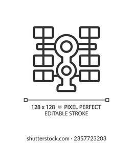 Space station pixel perfect linear icon. International cooperation. Scientific research. Orbiting laboratory. Thin line illustration. Contour symbol. Vector outline drawing. Editable stroke