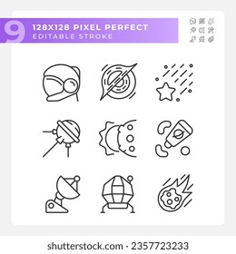 Space station pixel perfect linear icons set. Zero gravity. Celestial event. Science research. Customizable thin line symbols. Isolated vector outline illustrations. Editable stroke