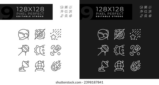 Space station pixel perfect linear icons set for dark, light mode. Zero gravity. Celestial event. Science research. Thin line symbols for night, day theme. Isolated illustrations. Editable stroke