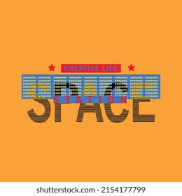 space station Premium Vector illustration of a text graphic. suitable screen printing and DTF for the design boy outfit of t-shirts print, shirts, hoodiesand baba suit, kids cottons, etc.