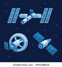 space station and satellite orbit in galaxy collection set concept in cartoon illustration vector