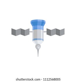 Space station with solar panels. Gray-blue cosmos satellite. Flying spacecraft. Flat vector element for mobile game