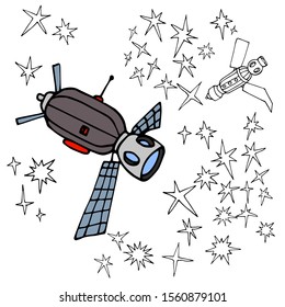 space station with solar panels travels among the stars, black contour lines, vector illustration isolated on white background in hand drawn style