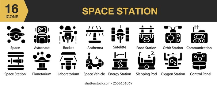 Space Station solid icon set. Includes anthena, satellite, orbit, sleeping pod, vehicle, oxygen, communication, and More. Solid icons vector collection.