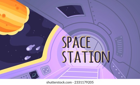 Raumstation oder Raumschiff-Innere mit Planet im Fenster. Zukünftige Raumflugzeugkabine im Weltraum. Futuristisches Schiffsinnen, Universum, Wissenschafts-Technologie-Konzept, Hintergrund flache Vektorgrafik