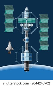 The space station will serve as a service center for tourism and exploration. The space race and tourism are growing. In the future, space travel will be normal. 3D Vector illustration