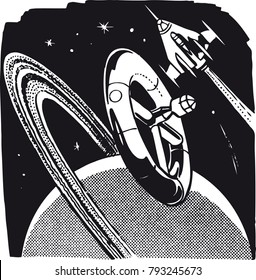 Space station X-9, Retro and Vintage Illustration in the typical Swiss Illustration Style of the Fifties, Sixties and Seventies

