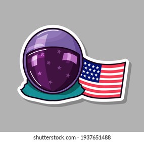 Space sticker with astronauts and the American flag. Vector illustration