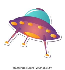 Space sticker of colorful set. This whimsical sticker-style illustration feature a cartoon design of an alien ship against a pristine white background. Vector illustration.