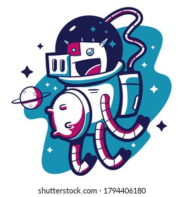 Space sticker with cute cow cosmonaut vector illustration isolated on a white background.