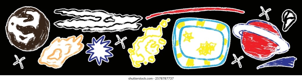 Space Sticker Doodle drawing by hand with colored pencils. Drawings with crayon. Cute children's drawings