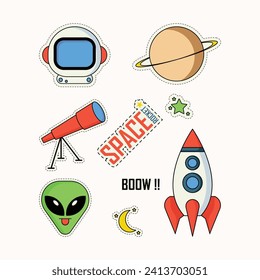 Space sticker pack, cute cartoon style. Vector illustration