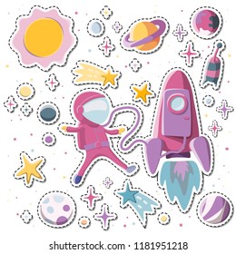 Space Sticker Pack: Girl Astronaut With The Rocket. Spaceship, Stars And Planets Background. Stock Vector