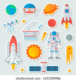 Space sticker set. Astronaut, the Earth, comet, satellite, rocket, meteorite, ufo, Moon, shuttle, radar, telescope, lunohod, stars, Mars. Flat vector illustration.