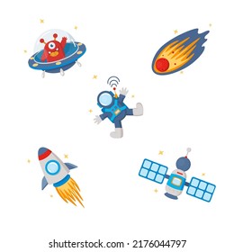 Space stickers, badges, stickers. Vector illustrations of an alien, a meteorite, an astronaut, a spaceship and a rocket. Vector illustration. Design, set.