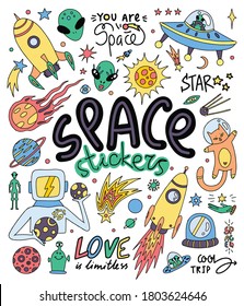 Space stickers. Big set of elements on different topics: planets, aliens, flying saucer, rockets, lettering.