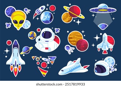 Space stickers. Cartoon astronaut and cosmonaut in space suit with rocket and satellite, cosmos and galaxy elements. Vector isolated set.