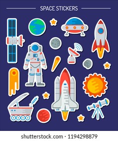 Space stickers collection. Astronaut, the Earth, comet, satellite, rocket, meteorite, ufo, Moon, shuttle, radar, telescope, lunohod, stars, Mars. Flat vector illustration.
