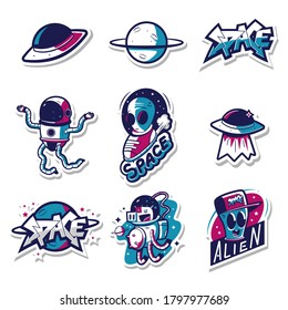 Space stickers with cosmonaut, alien and ufo vector cartoon set isolated on a white background.