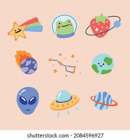 Space stickers. Cute frog astronaut, strawberry planet, alien, and meteor.