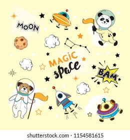Space stickers funny animals on a yellow background
