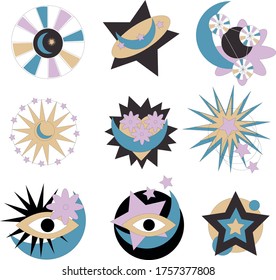 space stickers. Moon, sun, star, eyes. 