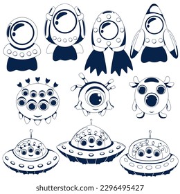 Space stickers with rockets and cute alien characters and aliens in spaceships