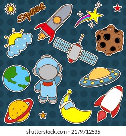 Space stickers.  stars, moon, stars, stellar, astronomer, satellite, earth, transmitter.Doodle vector illustration.