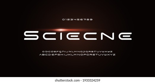 Space stunning font for futuristic logo and science technology text. Wide rounded letters. Techno alphabet for poster and banner of science fiction film and modern music. Vector typographic design