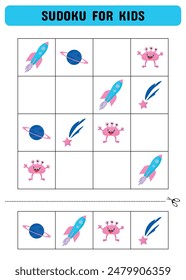 Space is a sudoku game for children. Aliens, planets, rockets, comets. Development of children's logical abilities. Vector illustration