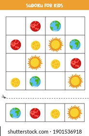 Space sudoku for preschool kids. Logical game with planets.