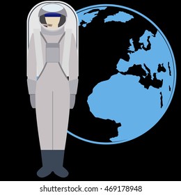 The space suit on the background of the Earth. The illustration on a black background.