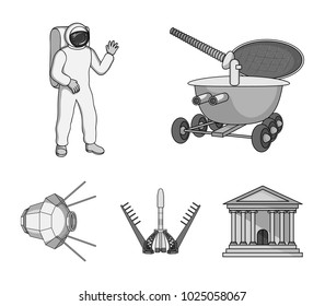 Space suit, rocket launch, artificial Earth satellite. Space technology set collection icons in monochrome style vector symbol stock illustration web.