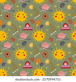 Space, sun, comet, UFO, stars seamless pattern, vector background. Ideal for fabric, textile, baby bedding, wallpaper, pajamas. Scandinavian style.
