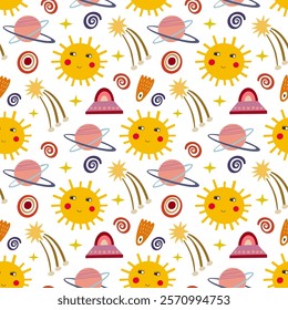 Space, sun, comet, UFO, stars seamless pattern, vector background. Ideal for fabric, textile, baby bedding, wallpaper, pajamas. Scandinavian style.