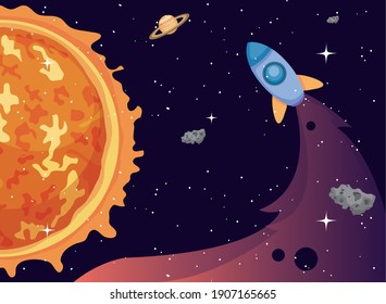 Space sun and rocket of universe cosmos and futuristic theme Vector illustration