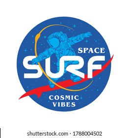 Space Surf Cosmic Vibes slogan print design with surfing astronaut illustration