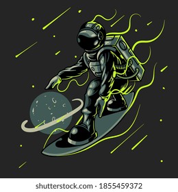 Space surfer astronaut vector illustration. Engraving cool dude on space surfboard surfing between stars planets galaxies. Good for design t-shirt prints, posters, apparel and other uses