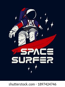 Space surfer character in the new space suit surfing in outer space among the stars. T-shirt print vector illustration.