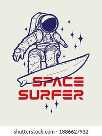 Space surfer illustration with a person wearing American space suit on a surfboard between the stars.