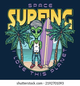 Space surfing colorful vintage flyer the alien is resting on beach with palm trees and love this planet vector illustration