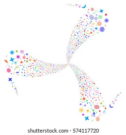 Space Symbols fireworks swirl rotation. Vector illustration style is flat bright multicolored iconic symbols on a white background. Object twirl created from random pictographs.