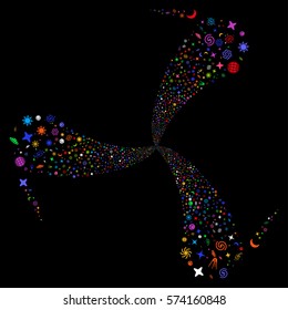 Space Symbols fireworks swirl rotation. Vector illustration style is flat bright multicolored iconic symbols on a black background. Object spiral combined from random pictographs.