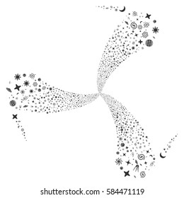 Space Symbols fireworks swirl rotation. Vector illustration style is flat gray iconic symbols on a white background. Object whirlpool combined from random symbols.