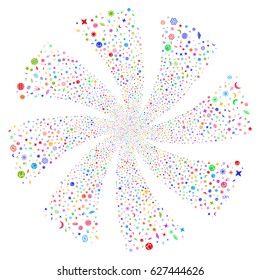 Space Symbols fireworks swirl rotation. Vector illustration style is flat bright multicolored iconic symbols on a white background. Object flower made from random symbols.