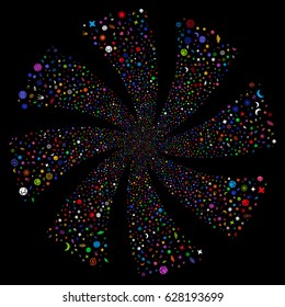Space Symbols fireworks swirl rotation. Vector illustration style is flat bright multicolored iconic symbols on a black background. Object whirlpool done from random icons.