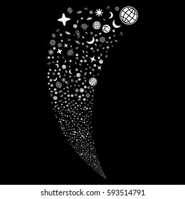 Space Symbols random fireworks stream. Vector illustration style is flat white iconic symbols on a black background. Object fountain combined from scattered pictographs.