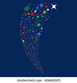 Space Symbols random fireworks stream. Vector illustration style is flat bright multicolored iconic symbols on a blue background. Object fountain organized from scattered pictograms.